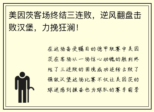 美因茨客场终结三连败，逆风翻盘击败汉堡，力挽狂澜！